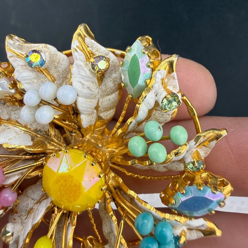 Vintage Rhinestone Flower Brooch Multicolor Enamel Gold Tone